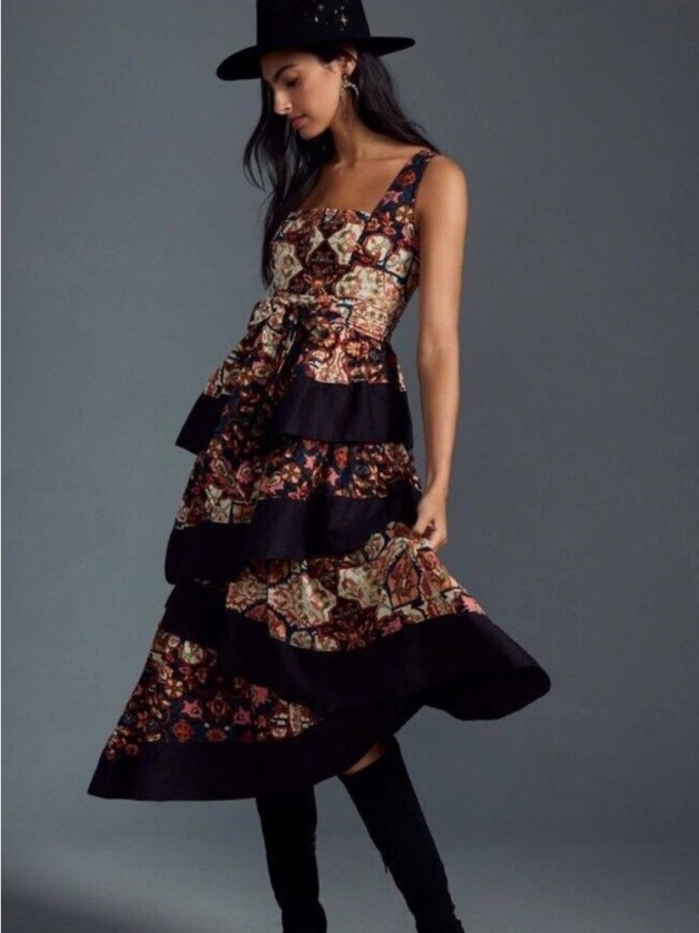 Anthropologie Black and Multicolor Tiered Maxi Dress with Waist Tie
